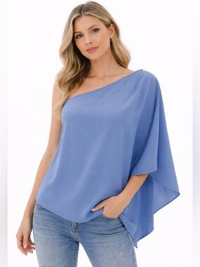 Porter St. NEW One Shoulder Blue Blouse Asymmetrical Cape Sleeve Boho Chic L